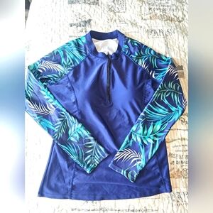 DACI Women’s Long Sleeve Rash Guard Swim Shirt Small NWT Tropical Palm Print Nav